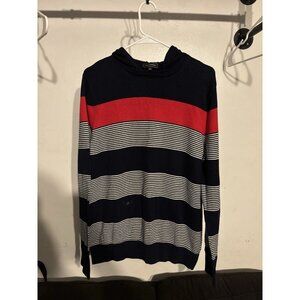 Express Men’s Striped Sweater Size M Navy Blue Red White Funnel Neck Pullover